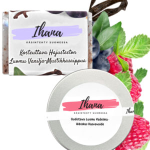 IHANA Kasvojen hoitosetti aikuiselle iholle - Hajusteeton Vanilja-Mustikkasaippua & Vadelma-Hibiskus kasvovoide